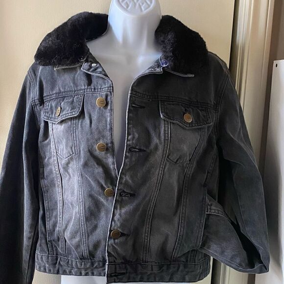 Black/grey  denim jacket with removable faux fur collar sz M - Picture 1 of 16